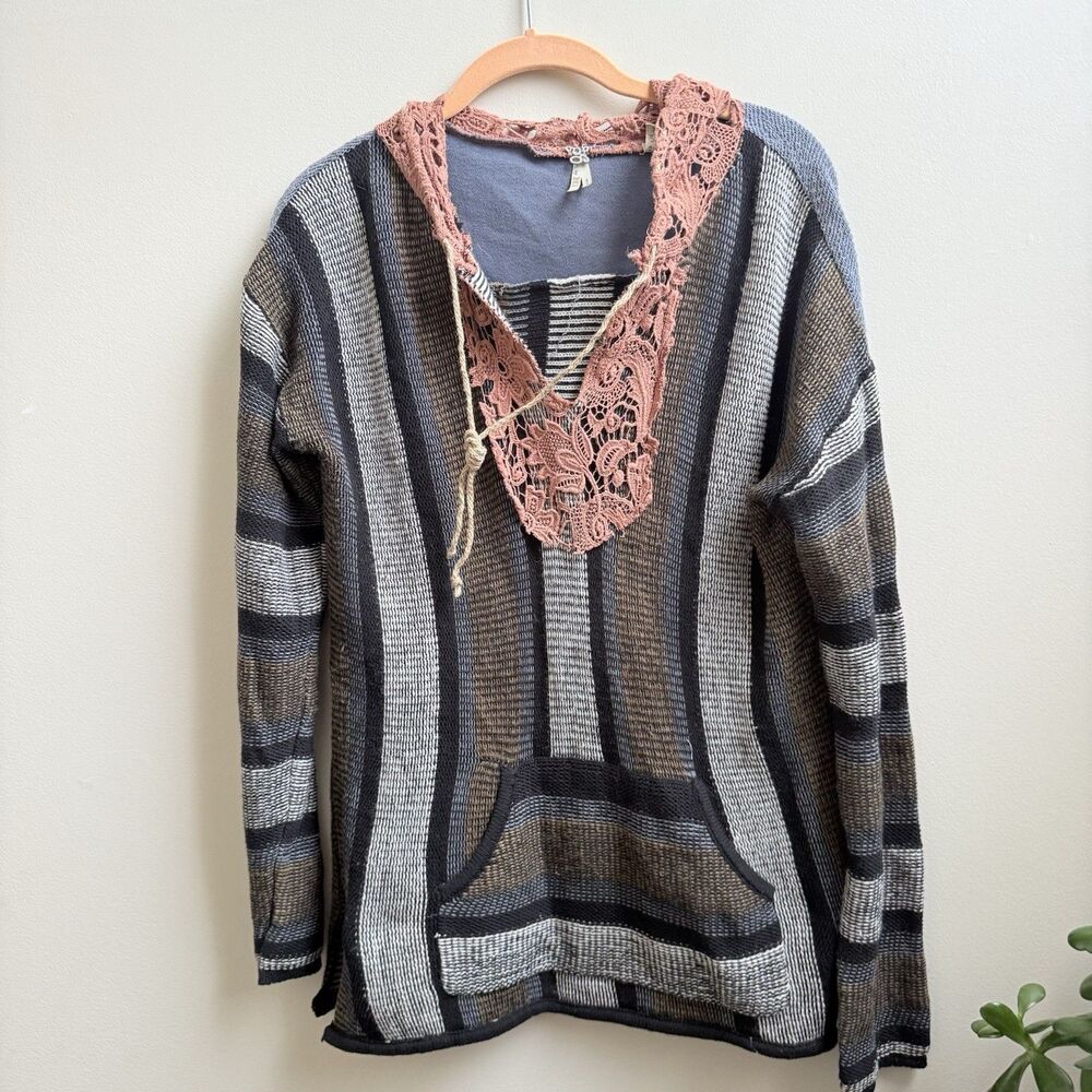 BKE Womens Sweater Size M Blue Striped Bohemian Lace Hood Sarape Pullover